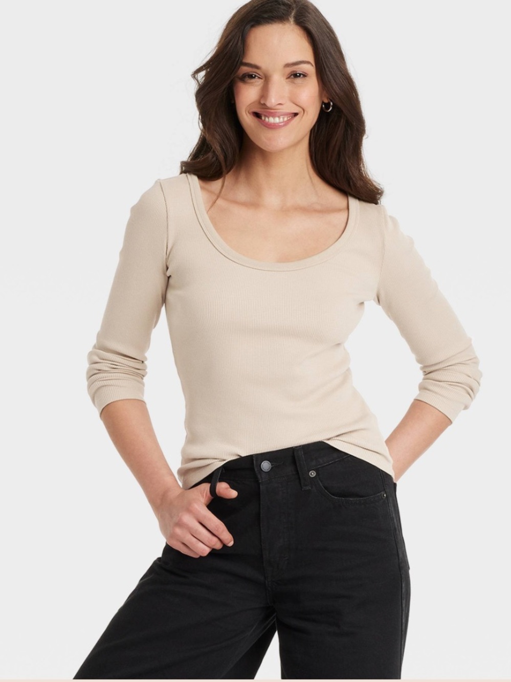 Universal Thread Ribbed Scoop Neck Long Sleeve Top Beige M Cotton